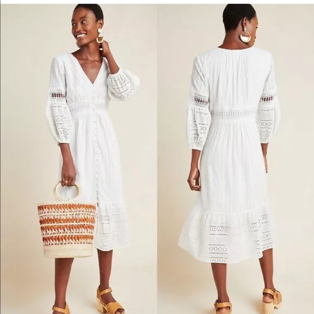 Anthropologie Dress Ebba Eyelet Midi White Boho 2